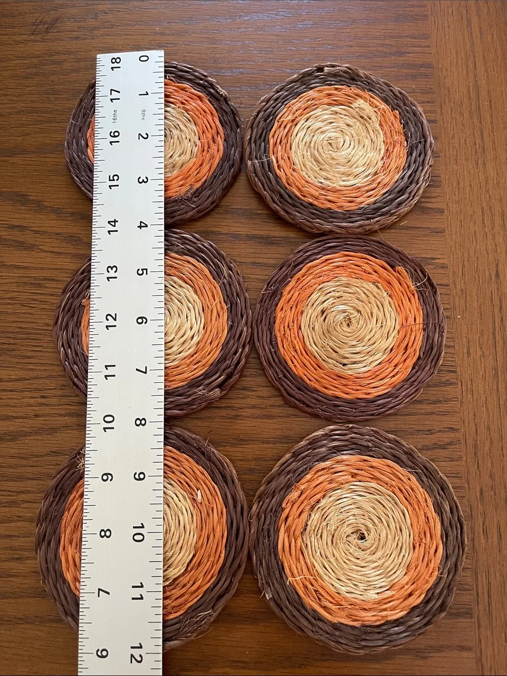 Vintage Round Woven Coasters in Brown, Orange, and Natural